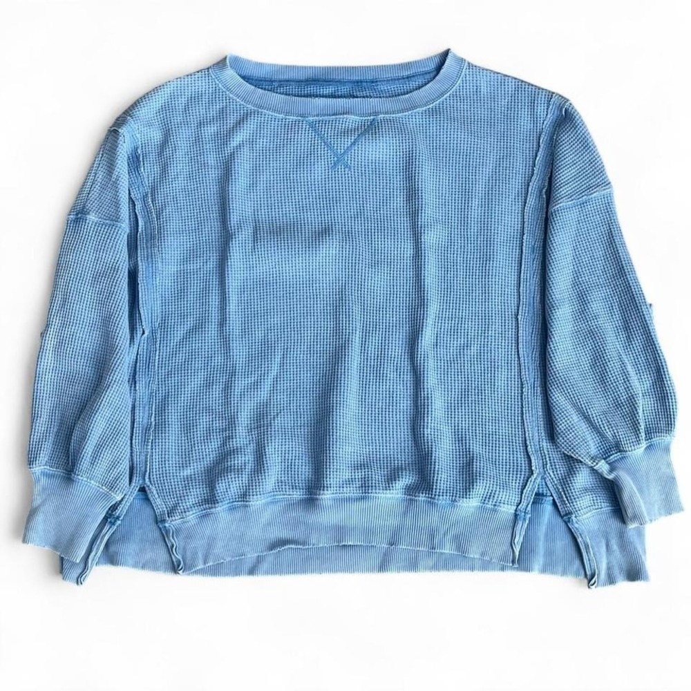 American Eagle Waffle Knit Pullover Oversized Blue Cozy Top Size M